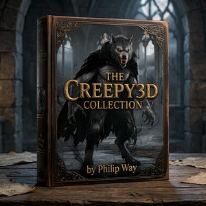 Op de afbeelding: Een hardcover boek getiteld The Creepy3D Collection door Philip Way, met een centrale illustratie van een grommende weerwolf in een donkere mantel. De boekomslag heeft een sierlijke, donkerbruine rand tegen een stenen muur achtergrond.