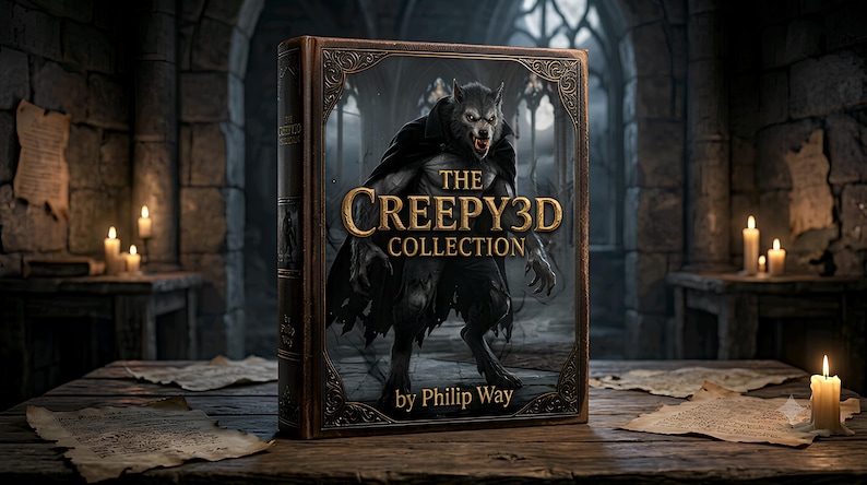 Op de afbeelding: Een hardcover boek getiteld The Creepy3D Collection door Philip Way, met een centrale illustratie van een grommende weerwolf in een donkere mantel. De boekomslag heeft een sierlijke, donkerbruine rand tegen een stenen muur achtergrond.
