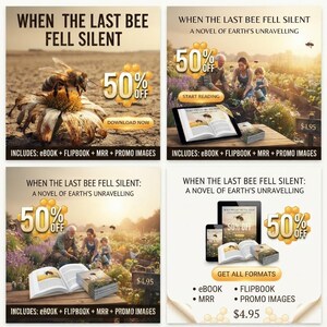 Może przedstawiać: Cyfrowy kolaż marketingowy książki When The Last Bee Fell Silent: A Novel of Earth's Unravelling. Zawiera pszczołę na kwiatku, rodzinę w ogrodzie, otwartą książkę, tablet i smartfon, a wszystko to z nakładkami tekstowymi 50% off.