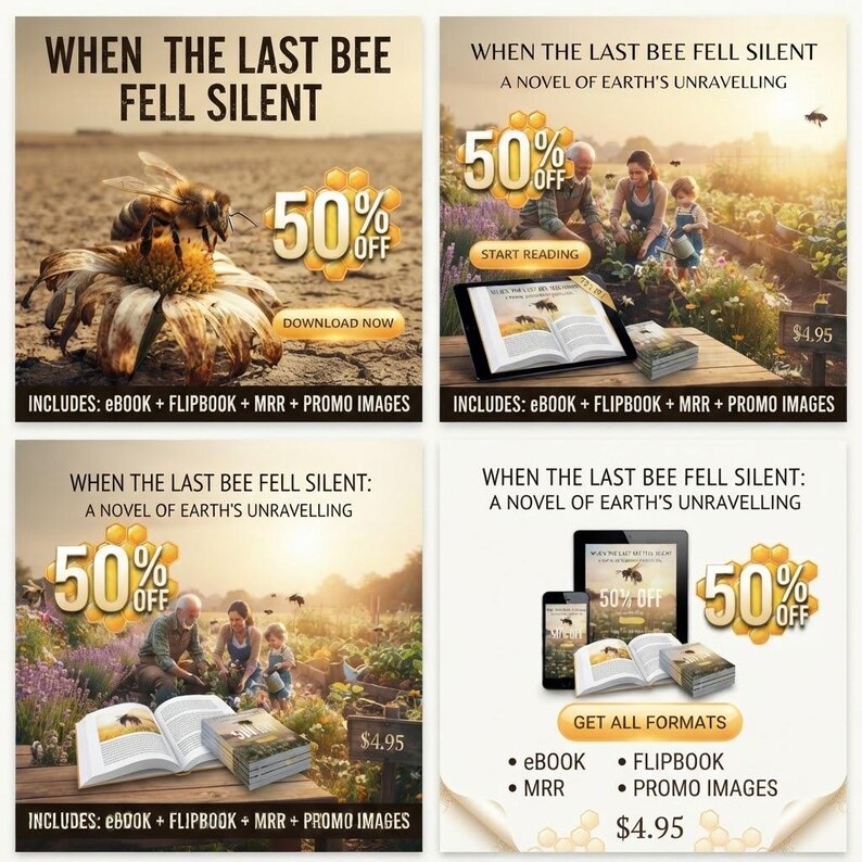Może przedstawiać: Cyfrowy kolaż marketingowy książki When The Last Bee Fell Silent: A Novel of Earth's Unravelling. Zawiera pszczołę na kwiatku, rodzinę w ogrodzie, otwartą książkę, tablet i smartfon, a wszystko to z nakładkami tekstowymi 50% off.