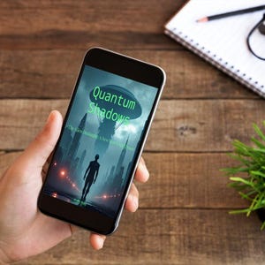 May include: A smartphone displays the cover of "Quantum Shadows," a science fiction book. The cover art features a futuristic cityscape with a silhouetted figure and a hovering object. The phone is held against a wooden background, with a notepad, pencil, glasses, and a small plant visible.