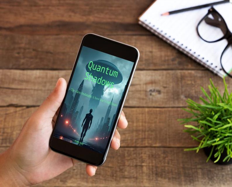 May include: A smartphone displays the cover of "Quantum Shadows," a science fiction book. The cover art features a futuristic cityscape with a silhouetted figure and a hovering object. The phone is held against a wooden background, with a notepad, pencil, glasses, and a small plant visible.