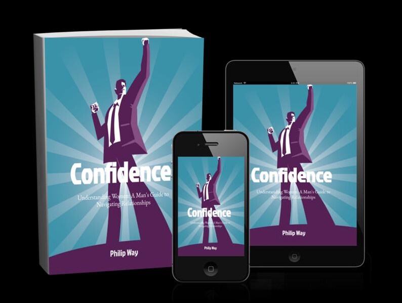 以下が含まれることがあります： 自己啓発本「Confidence」の表紙が、本、スマートフォン、タブレットに表示されています。表紙には、腕を上げたスーツ姿の人物の紫色のイラストが、白い光線のある青い背景に描かれています。タイトルは白です。