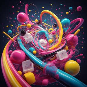 Pu&ograve; includere: Opera d'arte digitale astratta con una composizione dinamica. Nastri vorticosi rosa, gialli e blu circondano sfere e cubi. L'immagine ha uno sfondo scuro e una sensazione di movimento ed energia.
