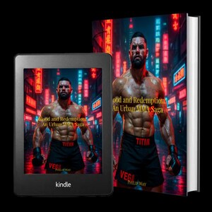 Może przedstawiać: Książka i czytnik e-book&oacute;w Kindle z okładką "Blood and Redemption: An Urban MMA Saga". Okładka przedstawia umięśnionego mężczyznę w miejskim otoczeniu. Kindle jest czarny i wyświetla ten sam obraz.