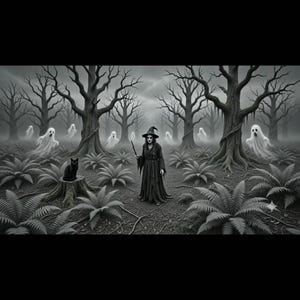 May include: A black and white illustration of a figure in a pointed hat and long dark robe standing in a forest with bare trees, ferns, and a black cat sitting on a tree stump. Several translucent ghost-like figures float among the dark trees.
