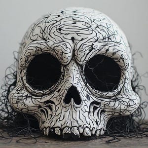 May include: A decorative skull with a white base and intricate black line art. The skull has large, dark eye sockets and a detailed jawline. Black, string-like material surrounds the base of the skull, adding texture and depth. This item is perfect for Halloween.