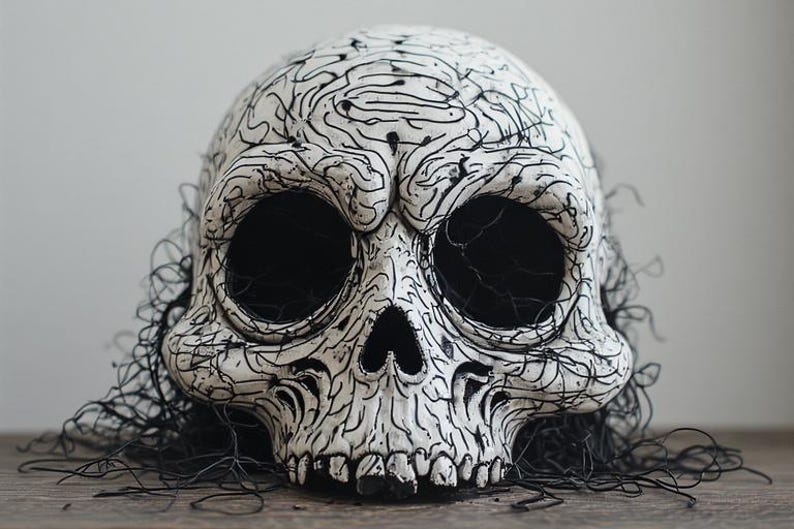 May include: A decorative skull with a white base and intricate black line art. The skull has large, dark eye sockets and a detailed jawline. Black, string-like material surrounds the base of the skull, adding texture and depth. This item is perfect for Halloween.