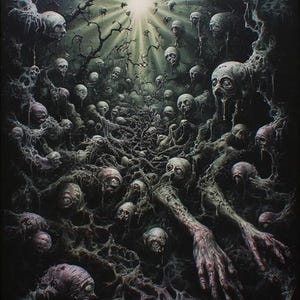 May include: Dark, surreal artwork depicting a nightmarish scene. Numerous skull-like figures emerge from a tangled, organic mass, with skeletal arms reaching out. A bright light shines from above, casting shadows and highlighting the grotesque details.