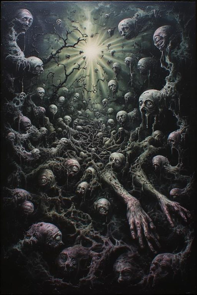May include: Dark, surreal artwork depicting a nightmarish scene. Numerous skull-like figures emerge from a tangled, organic mass, with skeletal arms reaching out. A bright light shines from above, casting shadows and highlighting the grotesque details.