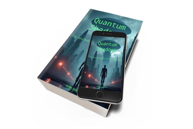 May include: A book and a smartphone with the title "Quantum Shadows" displayed. The book cover and phone screen feature a futuristic cityscape with a silhouetted figure. The book is white with the title in green.