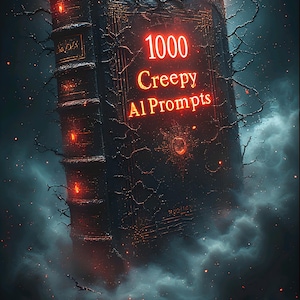 Puede incluir: Un libro oscuro con el título "1000 Creepy AI Prompts" en rojo brillante. El libro está rodeado por una atmósfera oscura y brumosa con brasas y ramas brillantes.