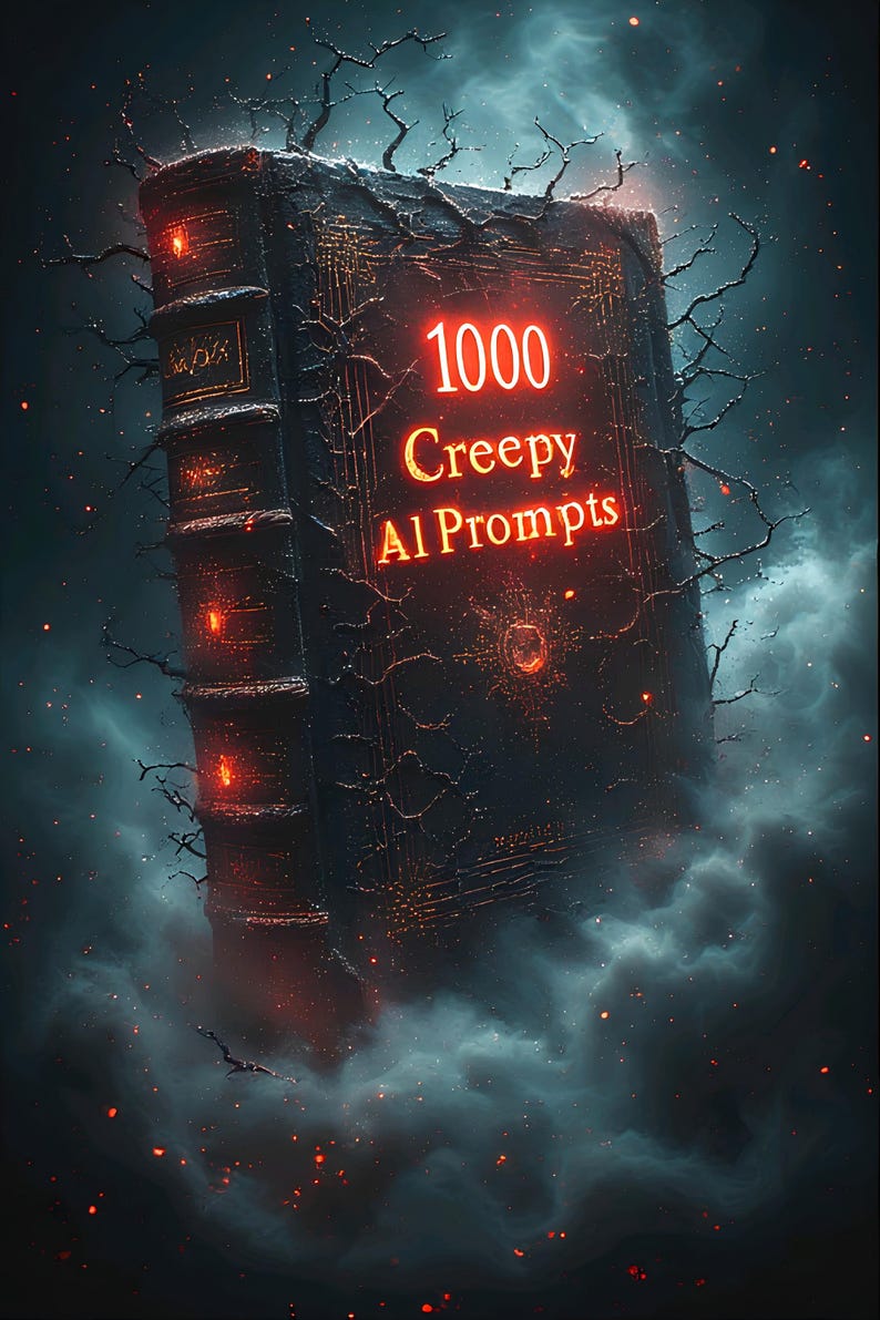 May include: A dark, ominous book with the title "1000 Creepy AI Prompts" glowing in red. The book is surrounded by a dark, cloudy atmosphere with glowing embers and branches.