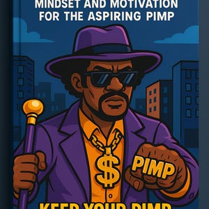 May include: Book cover with the title "Hustle Flow" in yellow letters. The illustration features a man in a purple suit, hat, and sunglasses, holding a cane. The text "Mindset and Motivation for the Aspiring Pimp" is also visible.