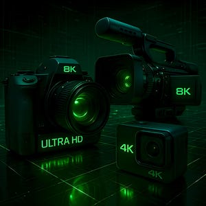 May include: A collection of professional video and photography equipment, including a digital camera, a camcorder, and an action camera. The equipment is black with green illuminated text that reads "8K", "ULTRA HD", and "4K".