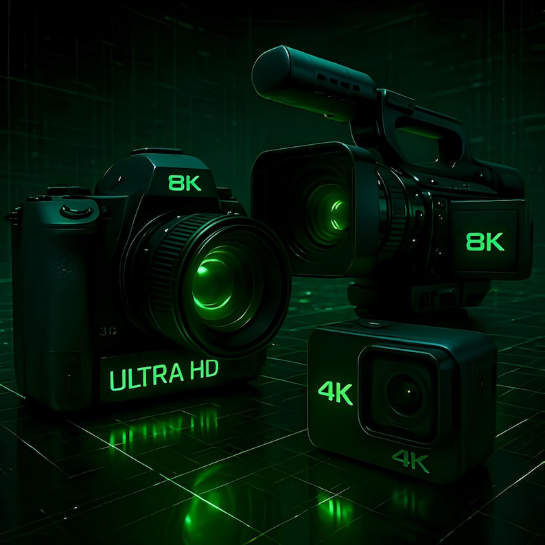 May include: A collection of professional video and photography equipment, including a digital camera, a camcorder, and an action camera. The equipment is black with green illuminated text that reads "8K", "ULTRA HD", and "4K".
