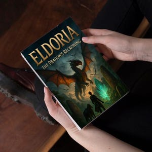 Op de afbeelding: Een boek getiteld "ELDORIA The Dragon's Reckoning" wordt vastgehouden. De omslag toont een draak met oranje vleugels, een figuur met een gloeiend zwaard en een groen kristal. De achtergrond is een donker fantasielandschap.