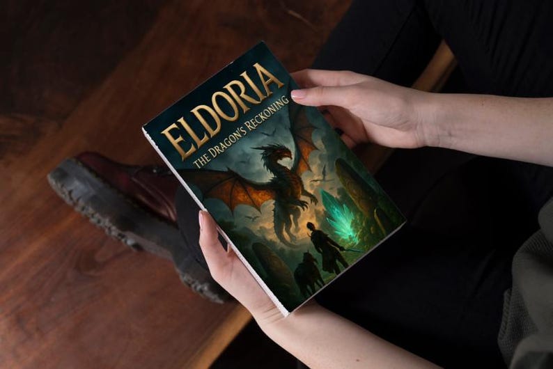Op de afbeelding: Een boek getiteld "ELDORIA The Dragon's Reckoning" wordt vastgehouden. De omslag toont een draak met oranje vleugels, een figuur met een gloeiend zwaard en een groen kristal. De achtergrond is een donker fantasielandschap.