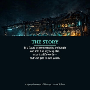 Puede incluir: Una portada de libro con una escena industrial oscura con filas de frascos de vidrio brillantes en estantes. El texto dice: THE STORY. In a future where memories are bought and sold like anything else, what is a life worth &mdash; and who gets to own yours? A dystopian novel of identity, control & love.