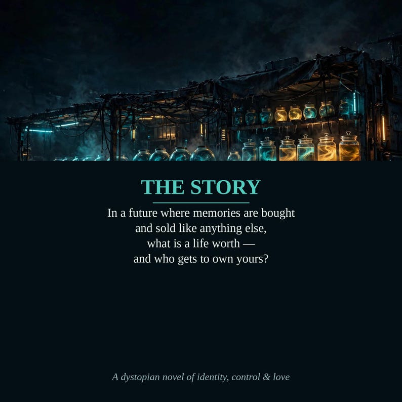 Puede incluir: Una portada de libro con una escena industrial oscura con filas de frascos de vidrio brillantes en estantes. El texto dice: THE STORY. In a future where memories are bought and sold like anything else, what is a life worth &mdash; and who gets to own yours? A dystopian novel of identity, control & love.