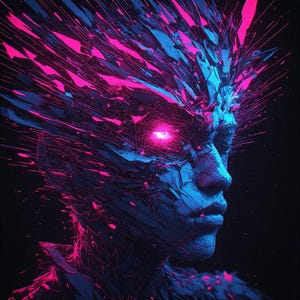 May include: Digital art portrait of a human face in profile, rendered in a fragmented, geometric style. The face is primarily blue, with vibrant pink accents emanating from the head and eyes, set against a black background. The eye glows brightly.