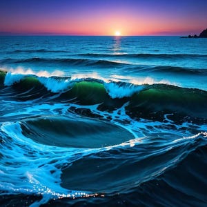 May include: A dramatic seascape at sunset with a deep blue ocean and large waves crashing. The sun is setting behind the horizon, casting a warm glow on the water.