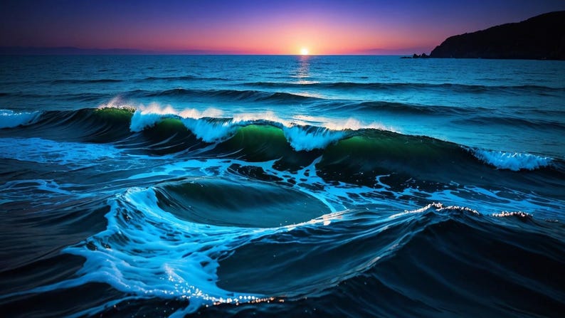 May include: A dramatic seascape at sunset with a deep blue ocean and large waves crashing. The sun is setting behind the horizon, casting a warm glow on the water.
