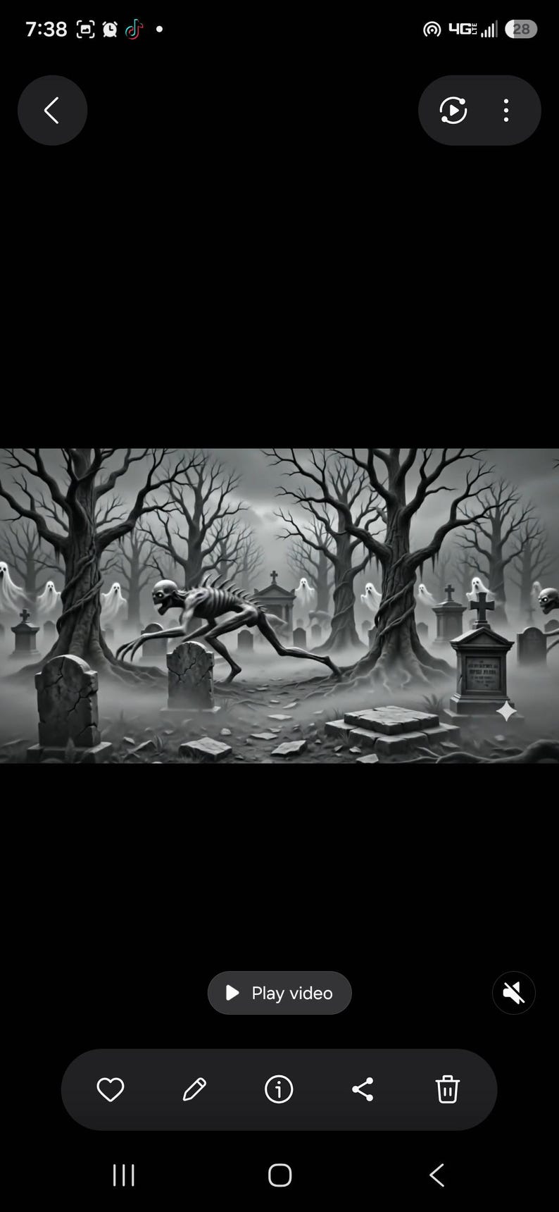 May include: A black and white digital illustration of a graveyard scene featuring a skeletal creature with a hunched posture and sharp claws, surrounded by weathered tombstones, bare gnarled trees, and several translucent ghost figures.