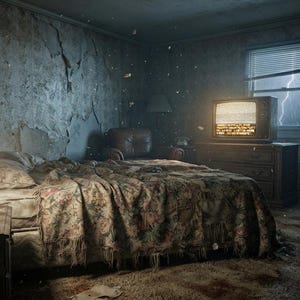 May include: A bedroom with peeling wallpaper, a bed covered in a floral patterned quilt, a nightstand with a lamp, a water bottle, and an ashtray. A television sits on a wooden dresser near a window showing a lightning strike, with a suitcase nearby.
