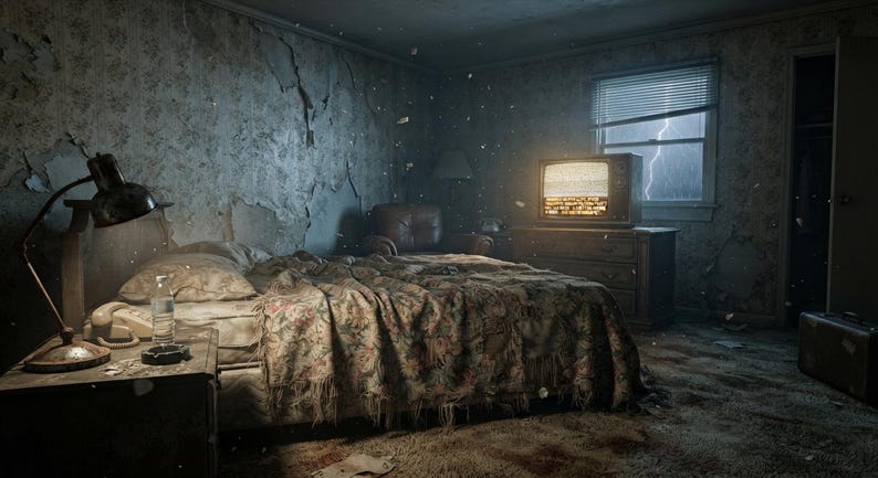 May include: A bedroom with peeling wallpaper, a bed covered in a floral patterned quilt, a nightstand with a lamp, a water bottle, and an ashtray. A television sits on a wooden dresser near a window showing a lightning strike, with a suitcase nearby.
