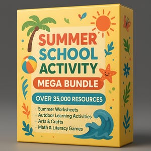 May include: A yellow box with a colourful illustration of a beach scene and the text "SUMMER SCHOOL ACTIVITY MEGA BUNDLE OVER 35,000 RESOURCES" with a list of activities: Summer Worksheets, Outdoor Learning Activities, Arts & Crafts, Math & Literacy Games.