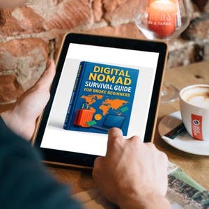 Op de afbeelding: Een tablet toont de omslag van een boek getiteld "DIGITAL NOMAD SURVIVAL GUIDE FOR BROKE BEGINNERS". De omslag is blauw met illustraties van een koffer, wereldkaart, laptop en geld. Een kopje koffie en een brandende kaars zijn ook zichtbaar.