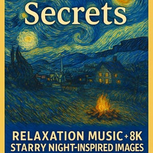 May include: A digital painting inspired by Vincent van Gogh's "Starry Night" with a village scene, a campfire, and the text "Nature's Secrets, Relaxation Music + 8K Starry Night-Inspired Images, PLR & MRR Included".