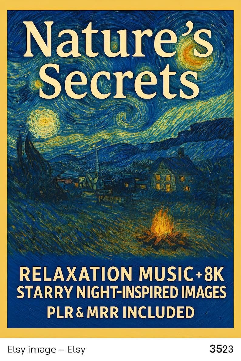 Pu&ograve; includere: Un dipinto digitale ispirato a "La notte stellata" di Vincent van Gogh con una scena di un villaggio, un fal&ograve; e il testo "Segreti della natura, Musica di rilassamento + 8.000 immagini ispirate alla notte stellata, PLR e MRR inclusi".