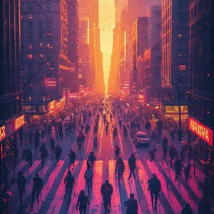 May include: An artistic rendering of a city street at sunset, with tall buildings lining the road. Silhouetted figures of people walk on a crosswalk. The sky is a bright orange, and the buildings are dark purple.