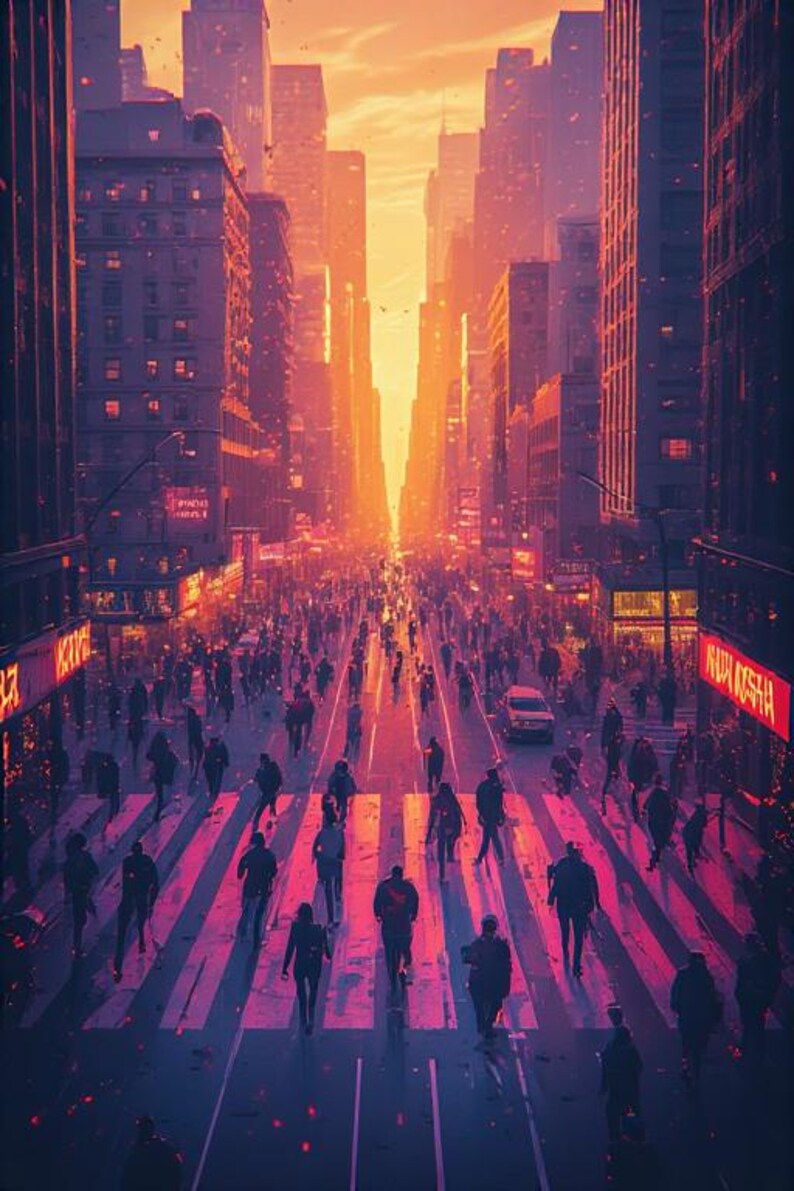 May include: An artistic rendering of a city street at sunset, with tall buildings lining the road. Silhouetted figures of people walk on a crosswalk. The sky is a bright orange, and the buildings are dark purple.