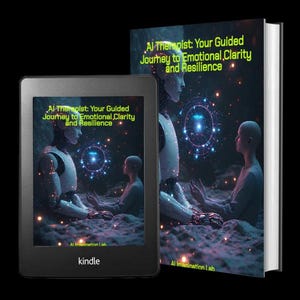 May include: A book and a Kindle e-reader display the cover art for "AI Therapist: Your Guided Journey to Emotional Clarity and Resilience." The cover features a futuristic image of a robot and a person in a serene setting, with the text in green and yellow.