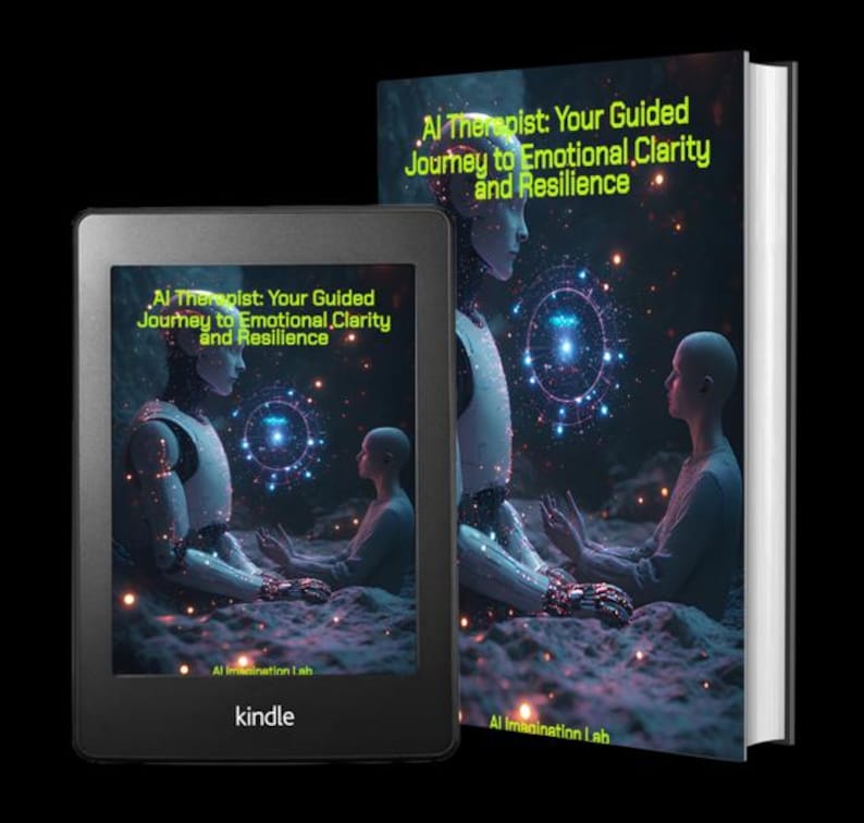 May include: A book and a Kindle e-reader display the cover art for "AI Therapist: Your Guided Journey to Emotional Clarity and Resilience." The cover features a futuristic image of a robot and a person in a serene setting, with the text in green and yellow.