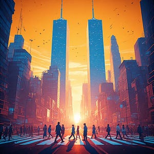 May include: An artistic depiction of a city street scene at sunset. Two tall blue skyscrapers dominate the background, with a crosswalk in the foreground filled with pedestrians. The sky is a gradient of orange and yellow.