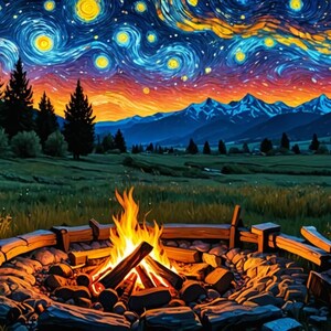 Pu&ograve; includere: Un fal&ograve; brucia vivacemente in un focolare di pietra, circondato da tronchi. Il fuoco &egrave; posto sullo sfondo di una catena montuosa con un cielo stellato dipinto nello stile di Van Gogh.