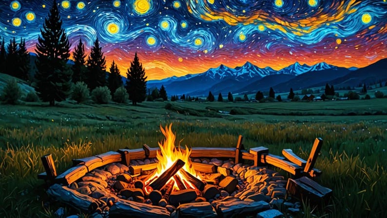 Pu&ograve; includere: Un fal&ograve; brucia vivacemente in un focolare di pietra, circondato da tronchi. Il fuoco &egrave; posto sullo sfondo di una catena montuosa con un cielo stellato dipinto nello stile di Van Gogh.