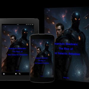 Op de afbeelding: Een boek, tablet en smartphone tonen de cover van "Quantum Shadows: The Rise of the Galactic Rebellion". De afbeelding toont twee figuren in donkere bepantsering tegen een ruimteachtergrond.