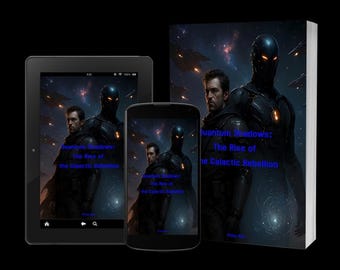 Może przedstawiać: Obraz książki, tabletu i smartfona z okładką "Quantum Shadows: The Rise of the Galactic Rebellion". Okładka przedstawia dwie postacie w ciemnej zbroi na tle kosmicznym.