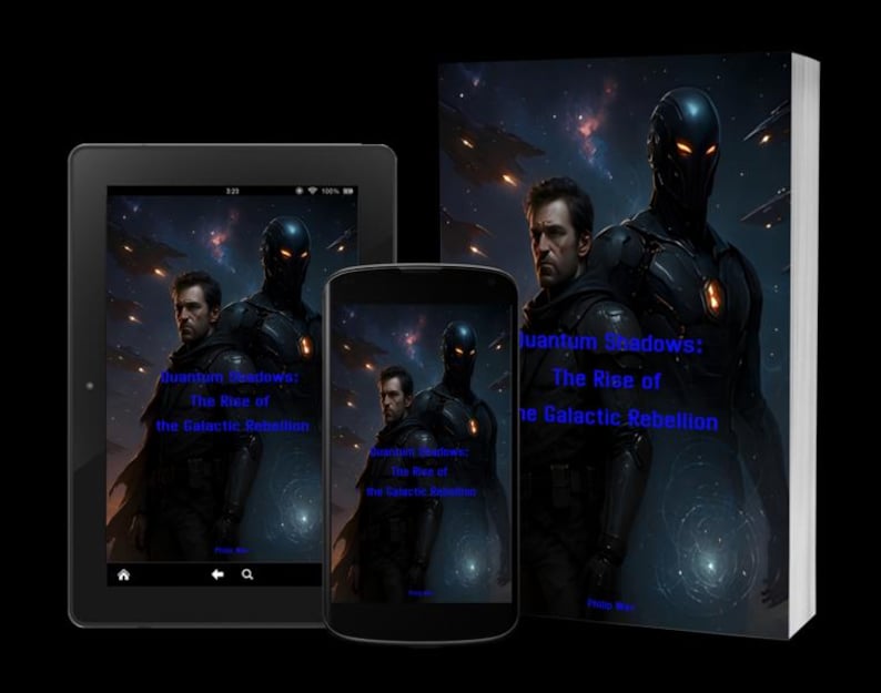 May include: An image of a book, tablet, and smartphone displaying the cover art for "Quantum Shadows: The Rise of the Galactic Rebellion." The cover features two figures in dark armor against a space background.