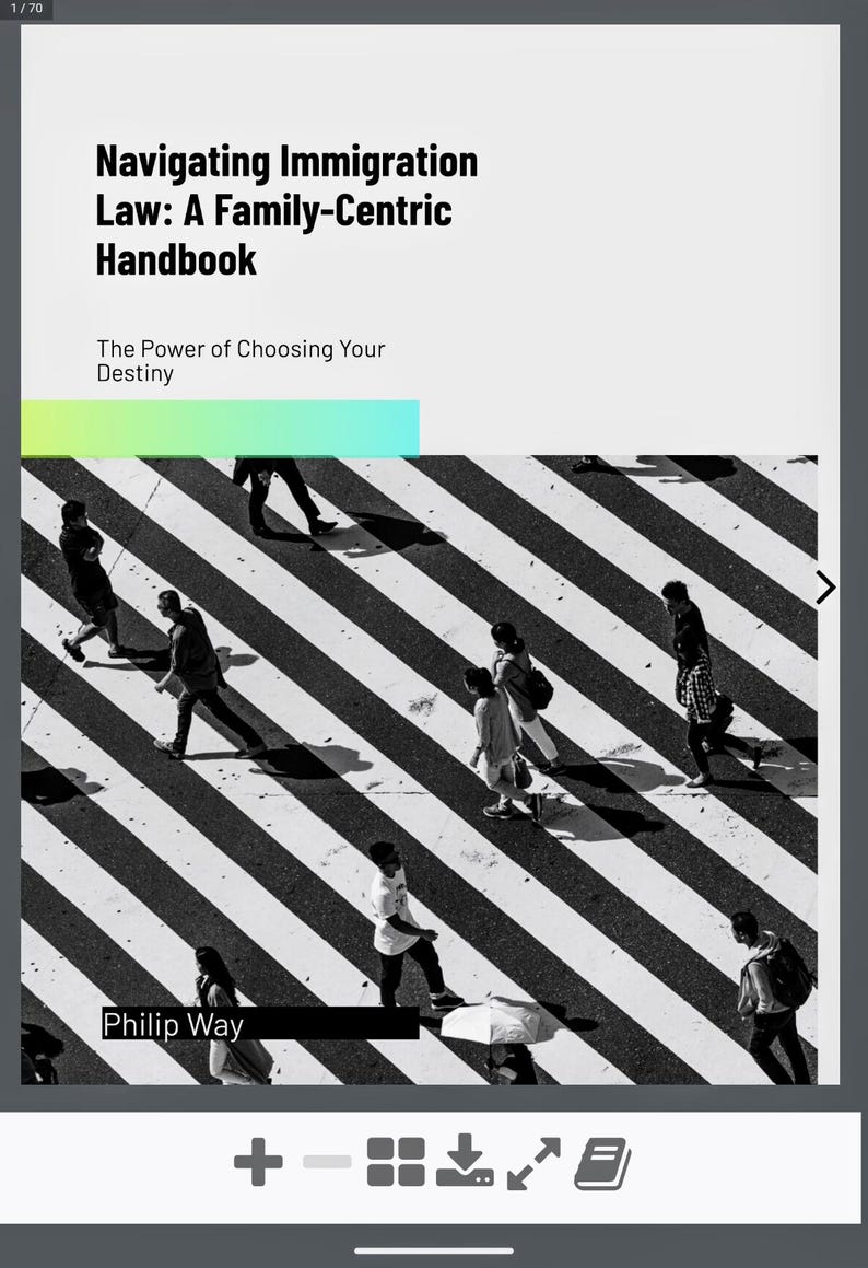 May include: A book cover with the title "Navigating Immigration Law: A Family-Centric Handbook" and the subtitle "The Power of Choosing Your Destiny." The cover features a black and white photo of people crossing a crosswalk. The author's name, Philip Way, is at the bottom.
