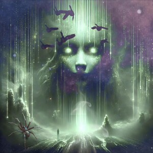 Pu&ograve; includere: Un'opera d'arte digitale che rappresenta una galassia verde e viola con un grande viso bianco luminoso al centro. Il viso ha grandi occhi bianchi e un piccolo naso bianco. Ci sono diverse sagome nere di uccelli che volano nel cielo. Un grande ragno marrone si trova in primo piano.