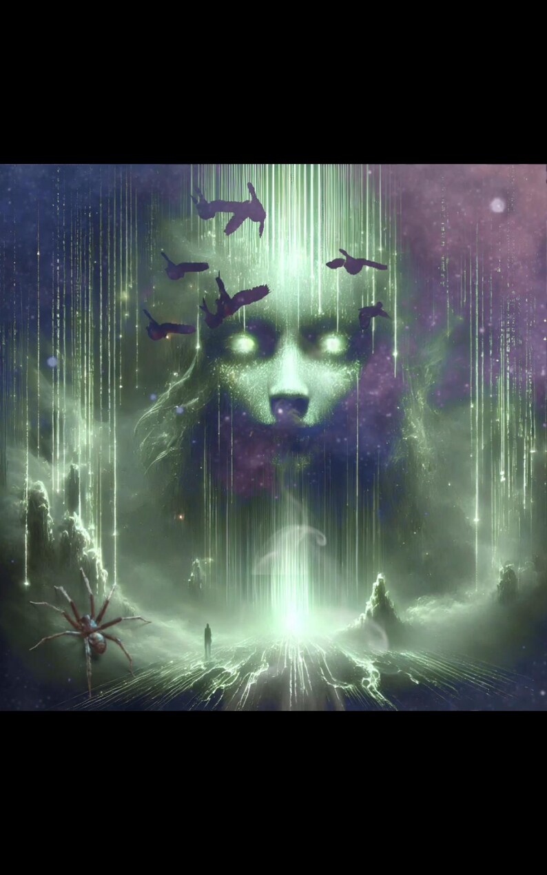 Pu&ograve; includere: Un'opera d'arte digitale che rappresenta una galassia verde e viola con un grande viso bianco luminoso al centro. Il viso ha grandi occhi bianchi e un piccolo naso bianco. Ci sono diverse sagome nere di uccelli che volano nel cielo. Un grande ragno marrone si trova in primo piano.