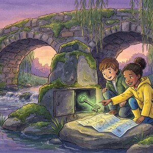 Puede incluir: Una ilustraci&oacute;n en acuarela muestra a dos ni&ntilde;os y un basset hound junto a un puente de piedra sobre un arroyo. Un ni&ntilde;o con impermeable amarillo se&ntilde;ala una llave verde brillante dentro de un compartimento de piedra, con un mapa en una roca.