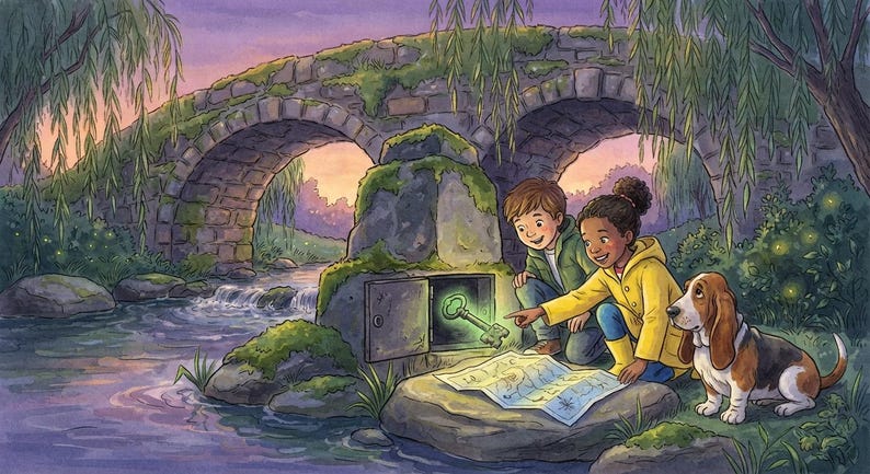 Puede incluir: Una ilustraci&oacute;n en acuarela muestra a dos ni&ntilde;os y un basset hound junto a un puente de piedra sobre un arroyo. Un ni&ntilde;o con impermeable amarillo se&ntilde;ala una llave verde brillante dentro de un compartimento de piedra, con un mapa en una roca.