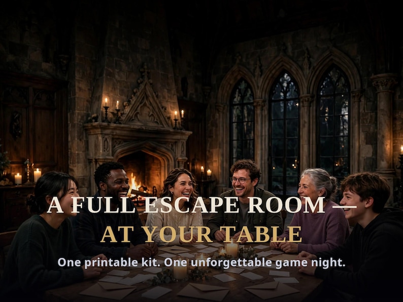 K&ouml;nnte beinhalten: Ein druckbares Escape-Room-Spielset mit Karten und Umschl&auml;gen auf einem Tisch, erg&auml;nzt durch den Text A FULL ESCAPE ROOM AT YOUR TABLE und One printable kit. One unforgettable game night. auf dem Bild.